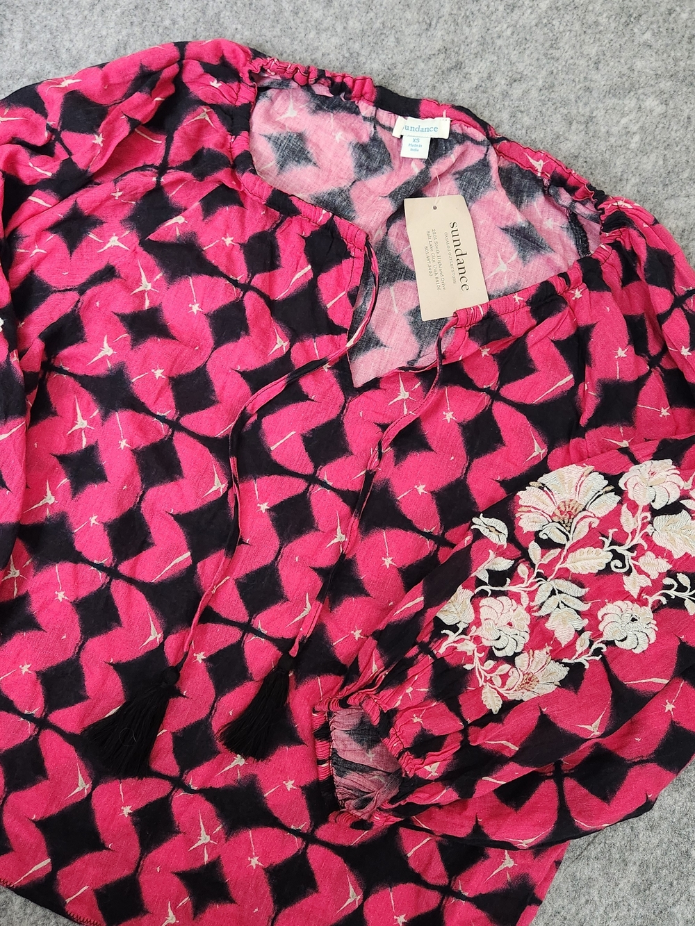 NWT Sundance Embroidered Tasseled Top Blouse Women's XS Pink Diamond Cotton Boho